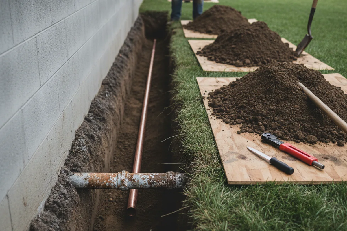 Excavated water line trench during Water Softener Installation in Paola